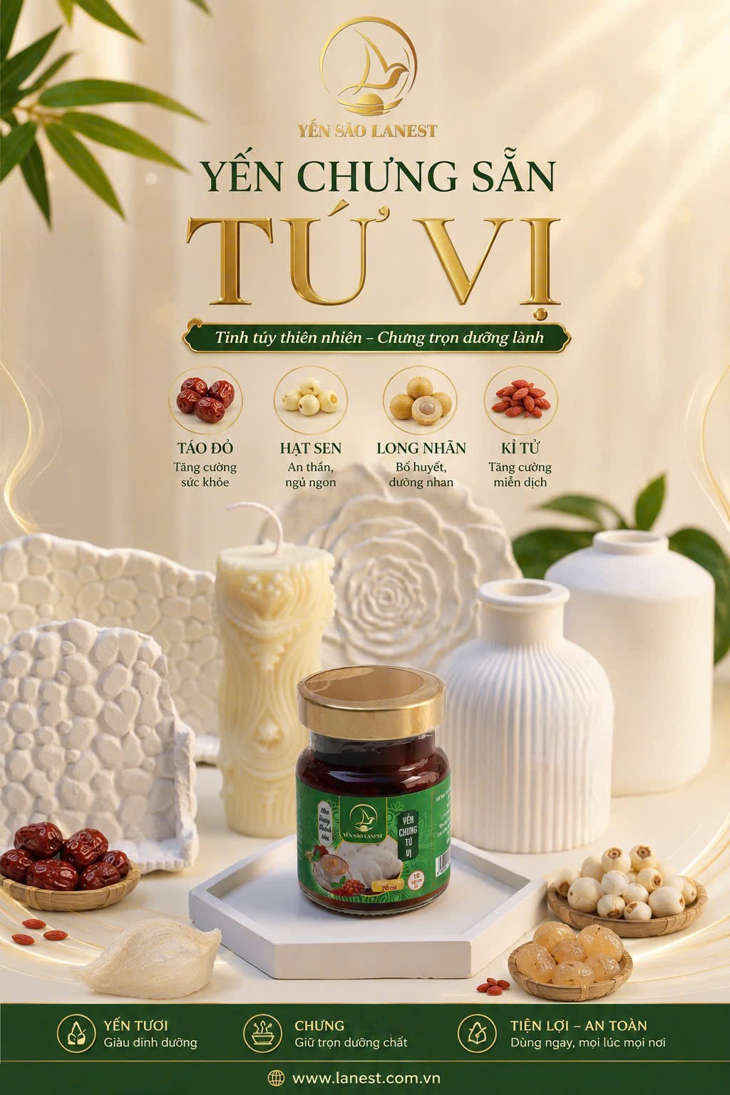 Yến Chưng Tứ Vị — Táo Đỏ, Long Nhãn, Hạt Sen, Kỷ Tử Hòa Quyện Trong Từng Hũ Yến Tươi